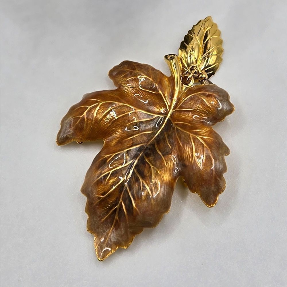 "5/$40" Gold Swirled Enamel Leaf Brooch Pin